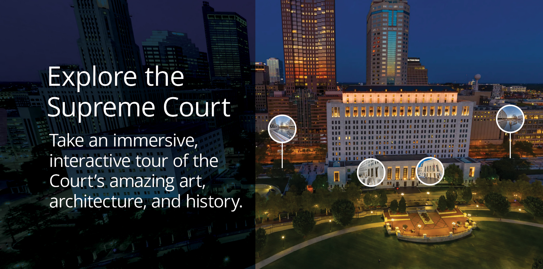 Nighttime view of a city's Supreme Court building with illuminated skyscrapers. Text reads 'Explore the Supreme Court,' inviting an interactive tour.
